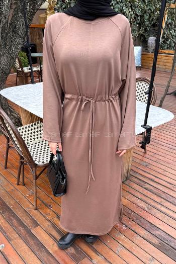 Soft Brown Crew Neck Cotton Elastan Dresess