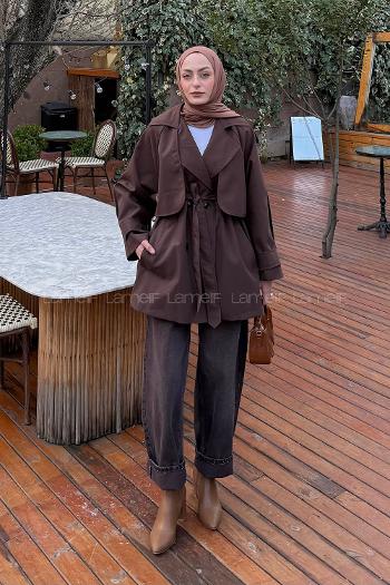 Lamelif Bağlama Detaylı Trençkot Acı Kahve