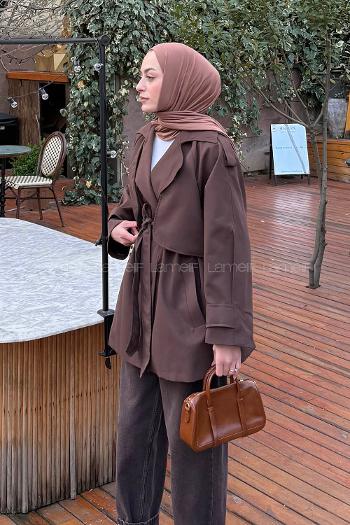 Lamelif Bağlama Detaylı Trençkot Acı Kahve