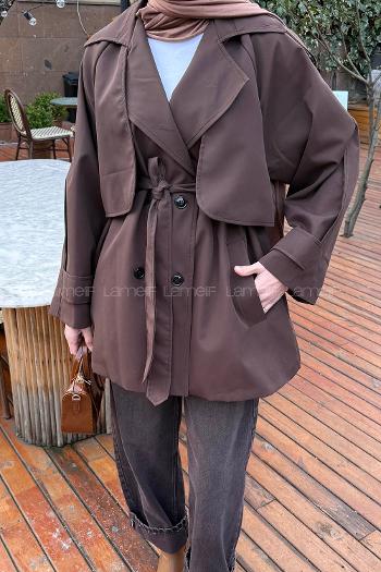 Lamelif Bağlama Detaylı Trençkot Acı Kahve