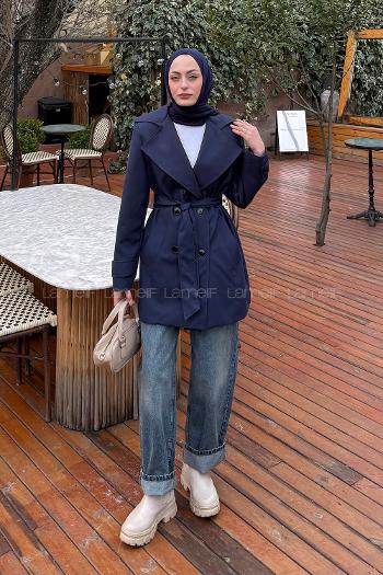 Navy Blue Long Arm Polyester Trench Coat
