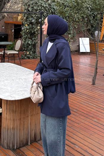 Navy Blue Long Arm Polyester Trench Coat