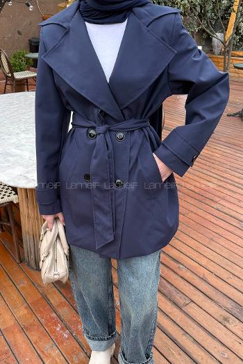 Navy Blue Long Arm Polyester Trench Coat