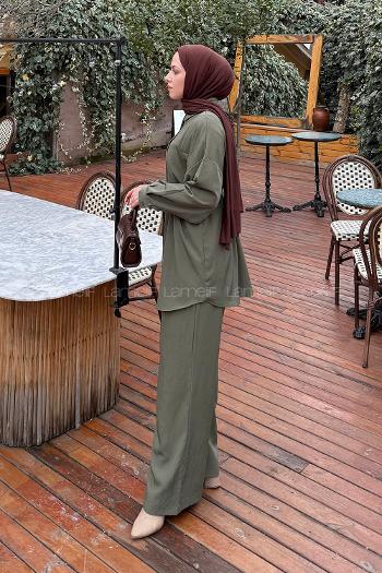 Lamelif Cep Detaylı Modal Tesettür Takım Haki