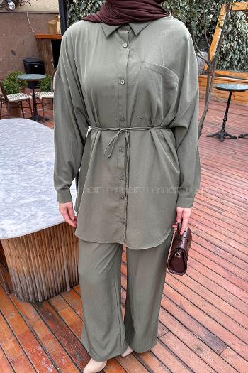 Lamelif Cep Detaylı Modal Tesettür Takım Haki