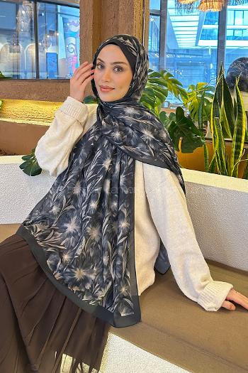 Lamelif Daisy Flowers Desen Pamuk Şal Antrasit