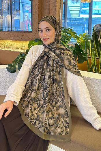 Lamelif Daisy Flowers Desen Pamuk Şal Asker Yeşili