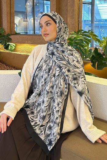 Lamelif Daisy Flowers Desen Pamuk Şal Beyaz Siyah