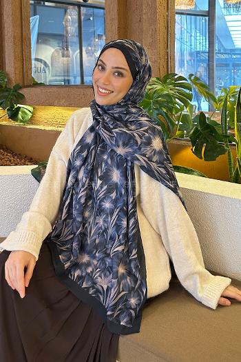 Lamelif Daisy Flowers Desen Pamuk Şal Lacivert