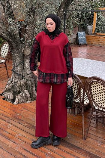 Lamelif Ekose Desen İkili Takım Bordo