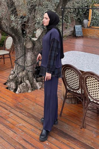 Lamelif Ekose Desen İkili Takım Lacivert