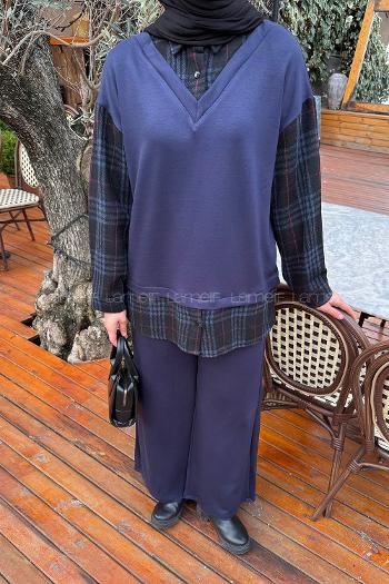 Lamelif Ekose Desen İkili Takım Lacivert