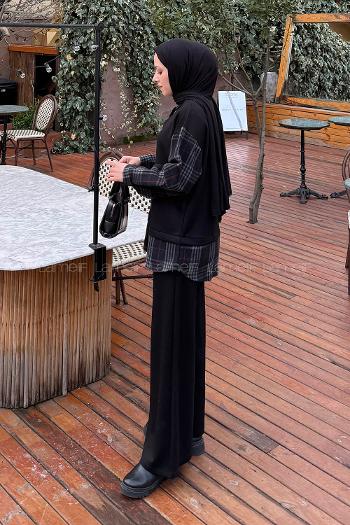 Lamelif Ekose Desen İkili Takım Siyah