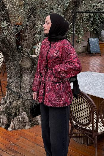 Lamelif Etnik Desen Ceket Açık Bordo