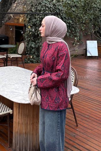 Lamelif Etnik Desen Ceket Bordo