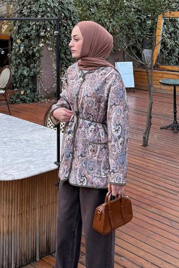 Lamelif Etnik Desen Ceket Haki