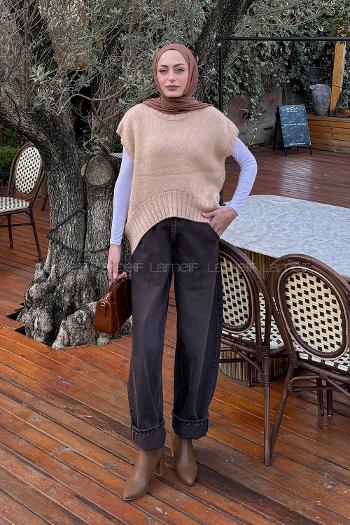 Lamelif Ön Kavis Detaylı Süveter Bej