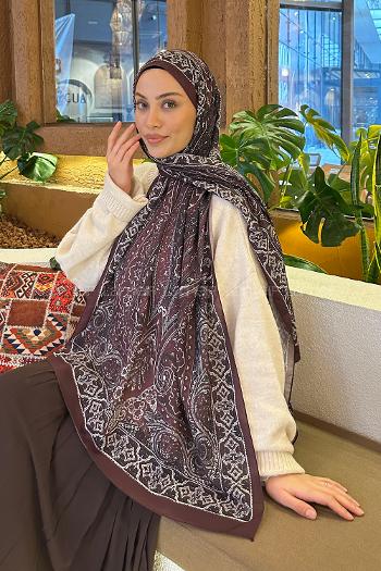 Lamelif Retro Desen Pamuk Şal Koyu Bordo