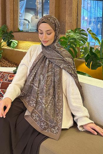 Lamelif Retro Desen Pamuk Şal Sütlü Kahve