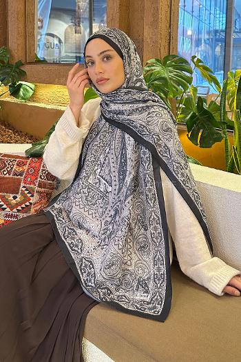 Lamelif Retro Desen Soft Şal Siyah Beyaz