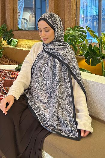 Lamelif Retro Desen Soft Şal Siyah Beyaz