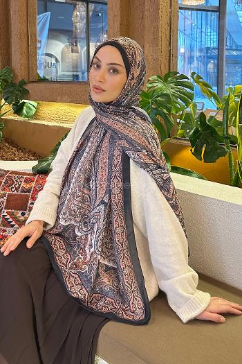 Lamelif Retro Desen Soft Şal Siyah Kiremit