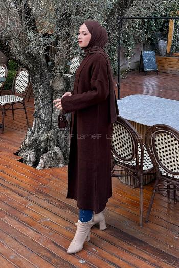 Lamelif Şal Yaka Uzun Triko Hırka Acı Kahve