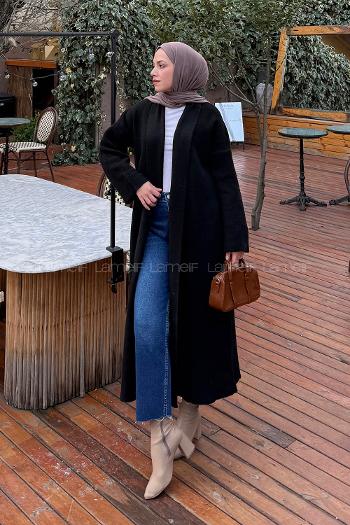 Lamelif Şal Yaka Uzun Triko Hırka Siyah
