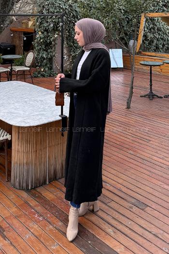 Lamelif Şal Yaka Uzun Triko Hırka Siyah