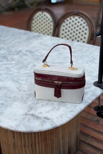 Lamelif Zara Model Hasır Sert Kutu El ve Omuz Çantası Bordo