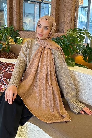 Lamelif  Bloom Desen Ayrobin Floş Jakar  Şal Camel