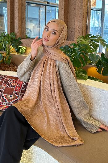 Lamelif  Bloom Desen Ayrobin Floş Jakar  Şal Camel