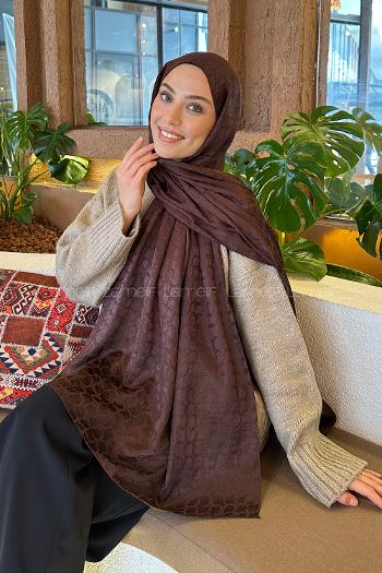 Lamelif  Bloom Desen Ayrobin Floş Jakar  Şal Kahverengi