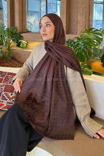 Lamelif  Bloom Desen Ayrobin Floş Jakar  Şal Kahverengi