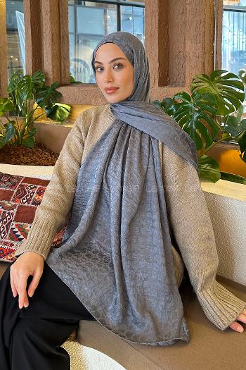 Lamelif  Bloom Desen Ayrobin Floş Jakar  Şal Koyu Gri