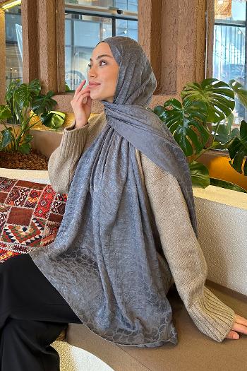 Lamelif  Bloom Desen Ayrobin Floş Jakar  Şal Koyu Gri