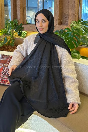 Lamelif  G Desen Ayrobin Floş Jakar  Şal Siyah