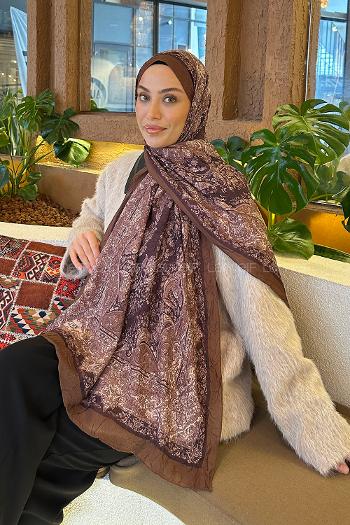 Lamelif Retro Desen Bambu Şal Asker Yeşili Koyu Kahve