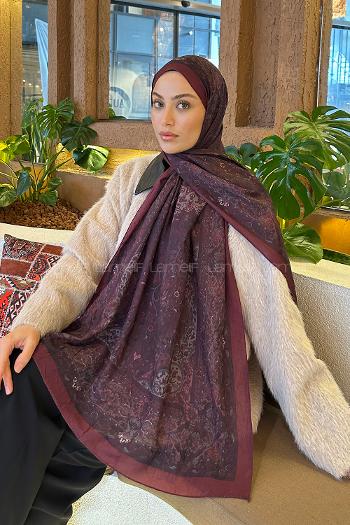 Lamelif Retro Desen Bambu Şal Koyu Bordo