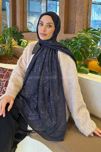 Lamelif Retro Desen Bambu Şal Lacivert