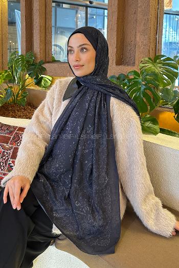 Lamelif Retro Desen Bambu Şal Lacivert