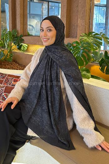 Lamelif Retro Desen Bambu Şal Siyah Gri