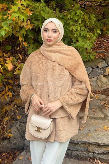 Lamelif Atkılı Peluş Mont Bej