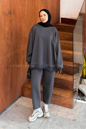 Anthracite Crew Neck Long Arm Cotton Regular Trousers Comfortable Suit