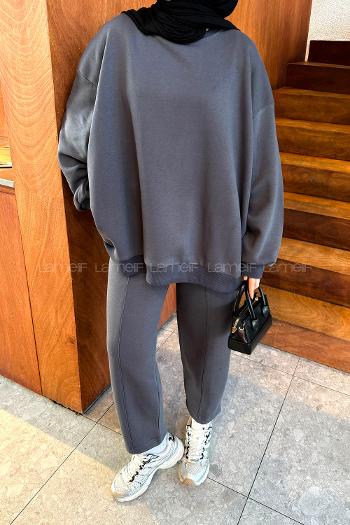 Anthracite Crew Neck Long Arm Cotton Regular Trousers Comfortable Suit