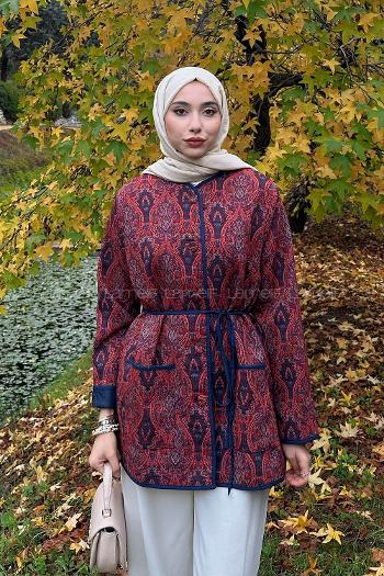 Lamelif Etnik Desen Ceket Bordo