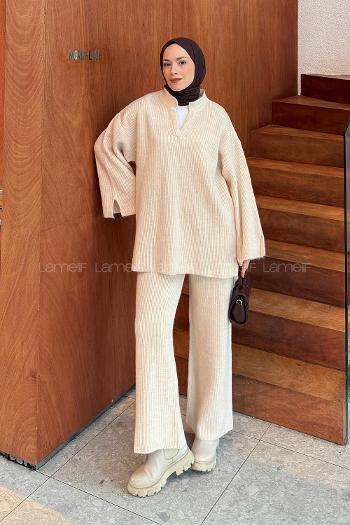 Lamelif Fitilli Triko Takım Krem