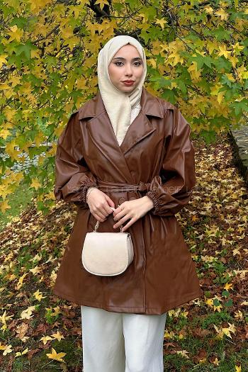 Brown Long Arm Belted Skin Trench Coat
