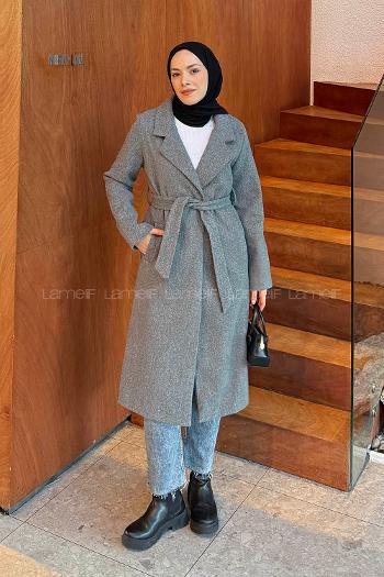 Gray Shirt Collar Long Arm Stamp Fabric Coat
