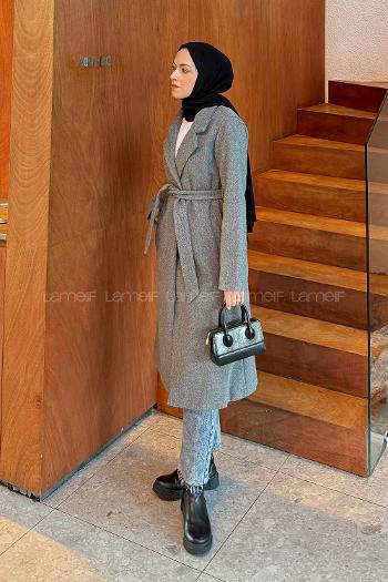 Gray Shirt Collar Long Arm Stamp Fabric Coat